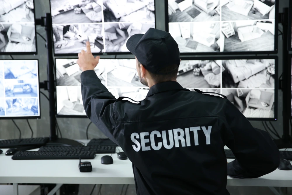 Male Security Guard Working Surveillance Room