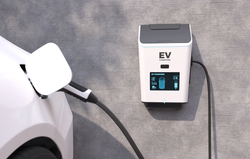 Close-up of a modern EV charger screen, highlighting the need for proper EV charger installation guidelines for apartment billing accountability.